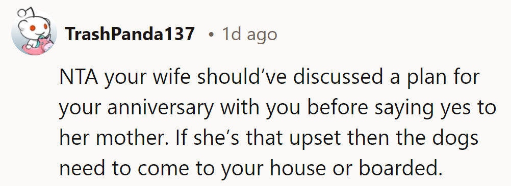 NTA - Discuss anniversary plans before saying yes; dogs can visit or be boarded.