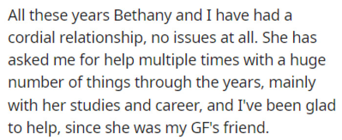 OP has never had any issues with Bethany, and he was always ready to help her when needed