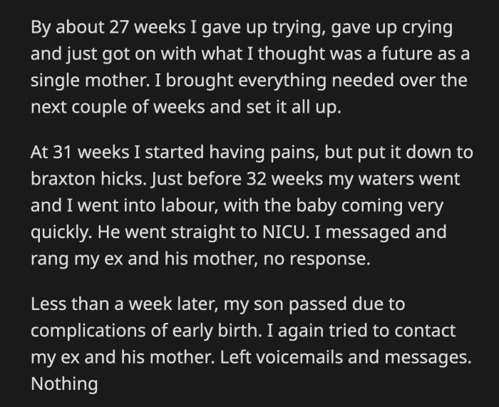 Her baby was born early and died less than a week later due to complications