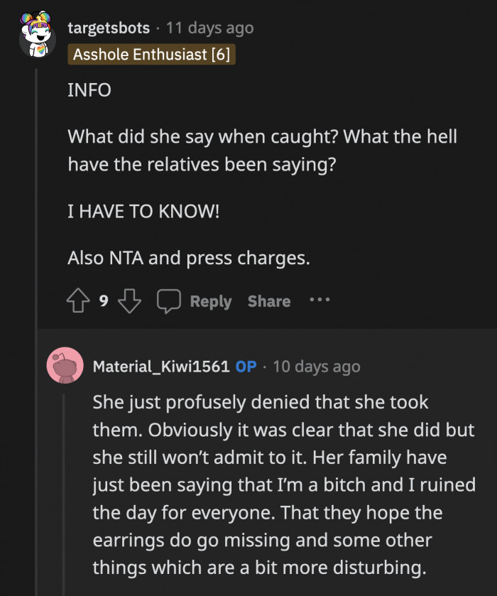 Even when she was caught red-handed, she still won't admit to it and made her family attack OP