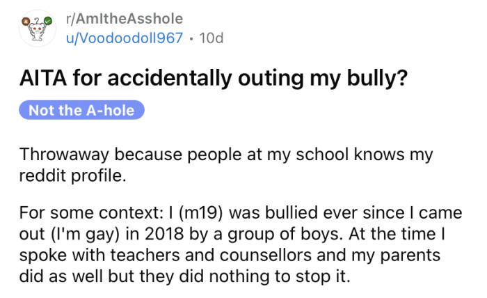 The OP shared a story about his dealings with a long-term bully.