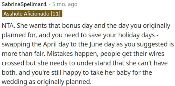 OP is still willing to take care of a baby for the wedding as originally agreed.