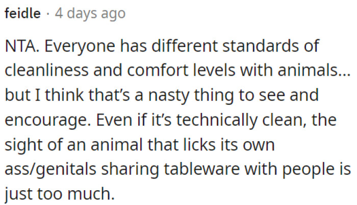 People have varying hygiene standards, but having an animal that licks itself use the same tableware as humans is unpleasant and not encouraged.