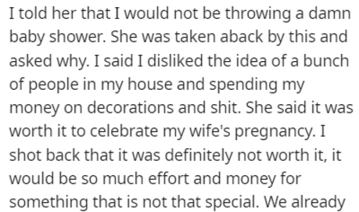 OP told her that he won't be throwing a baby shower since he doesn't like the idea