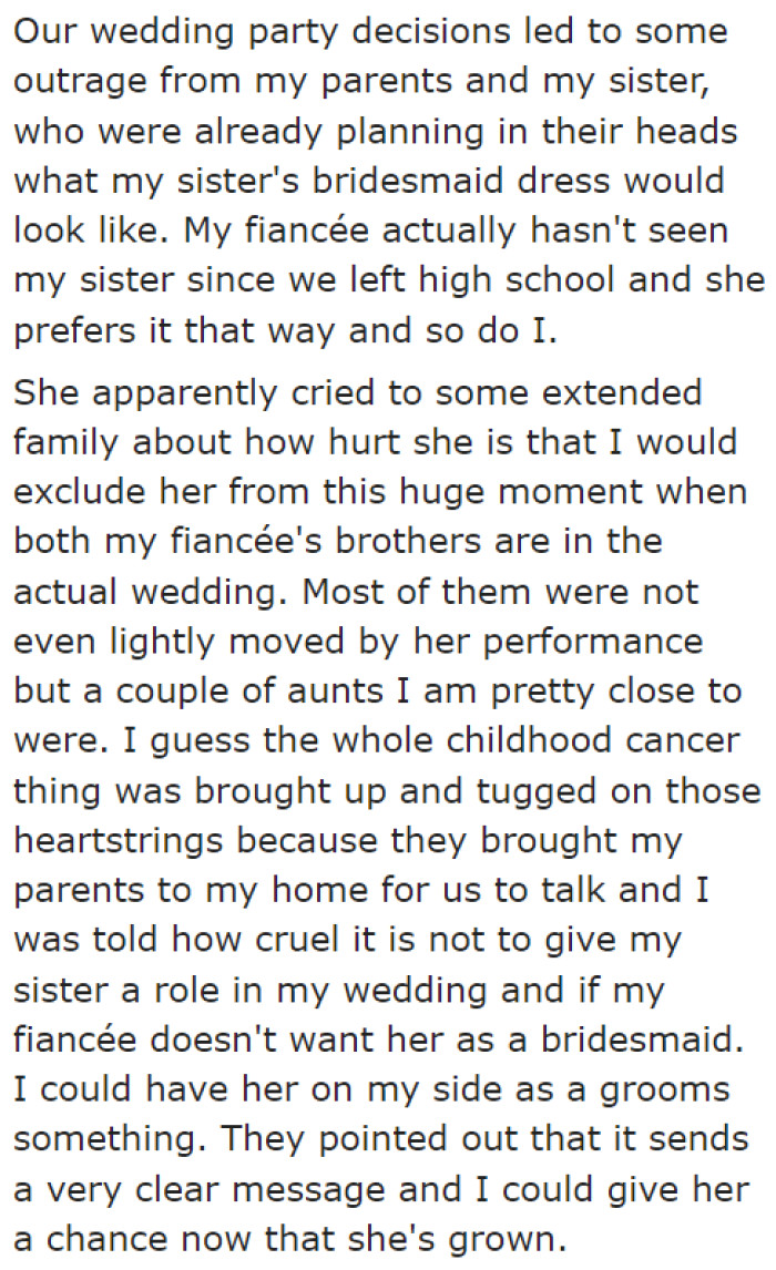 Wow! Apparently, the parents are helping their daughter with her bridesmaid dress.