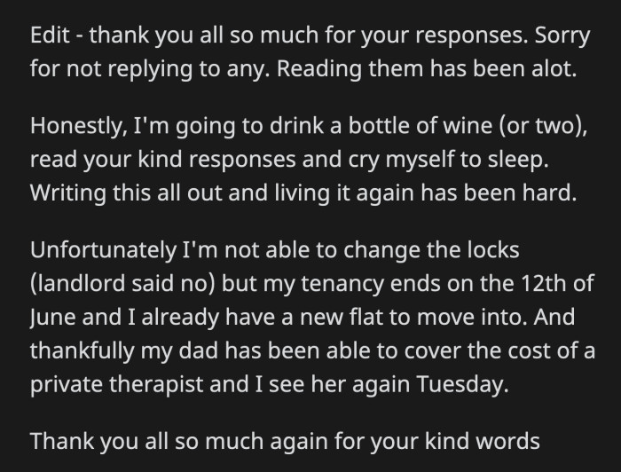 OP saw the outpouring love and support from internet strangers and realized she did nothing wrong