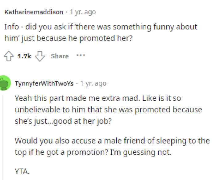 This part is definitely something we all were thinking about because it's quite sad that he's considering this as the reason she got the promotion.