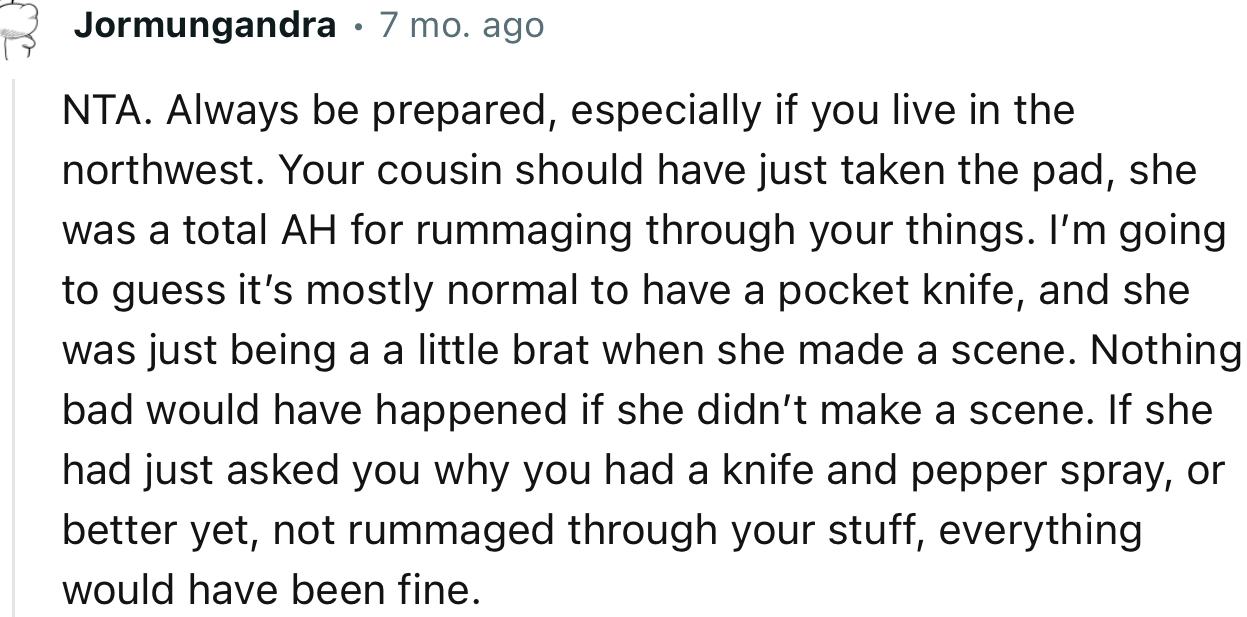 “Your Cousin Should Have Just Taken the Pad; She Was a Total AH for Rummaging Through Your Things.”