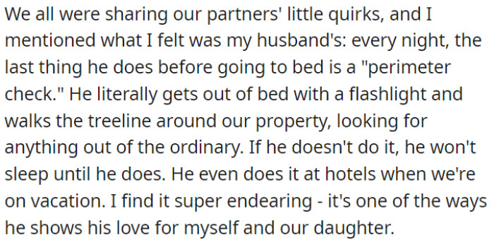 They all shared their partners' quirks, and OP talked about his husband's nightly 