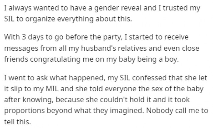Three days before the party, OP found out from friends about her baby's gender