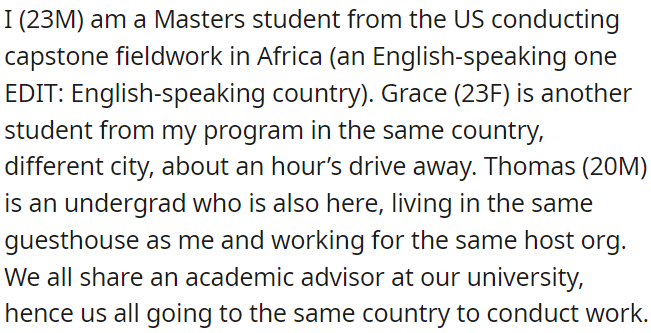 OP is a 23-year-old Master's student from the US doing fieldwork in an English-speaking country in Africa.