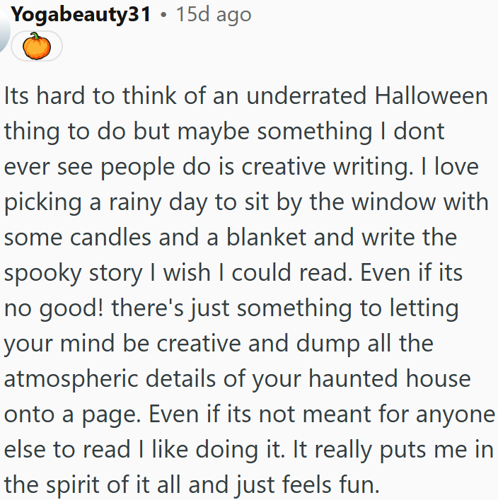 Creative Halloween tradition of writing spooky stories on a rainy day.