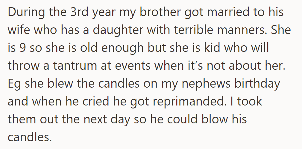 Her brother's new stepdaughter spoiled her nephew's birthday, so she took him out to celebrate the next day.