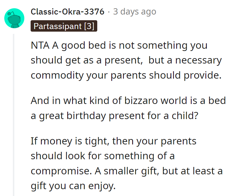 Beds: the unsung heroes of adulthood, not birthday surprises. Time for a reality check on gift-giving, folks!