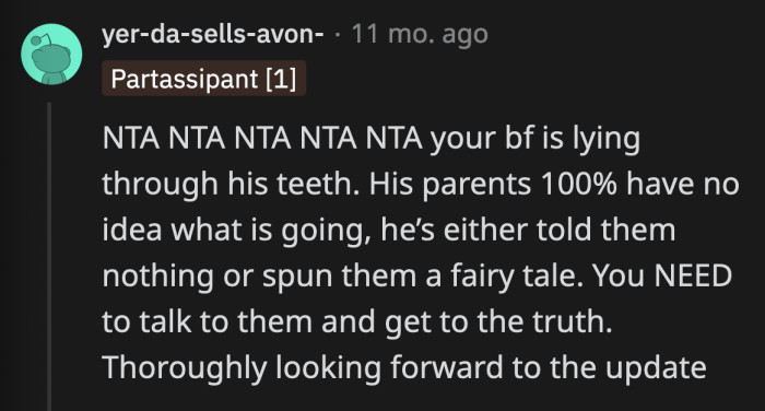 OP got the Redditors hooked, and they think her boyfriend is lying about his parents banning OP from dinner.
