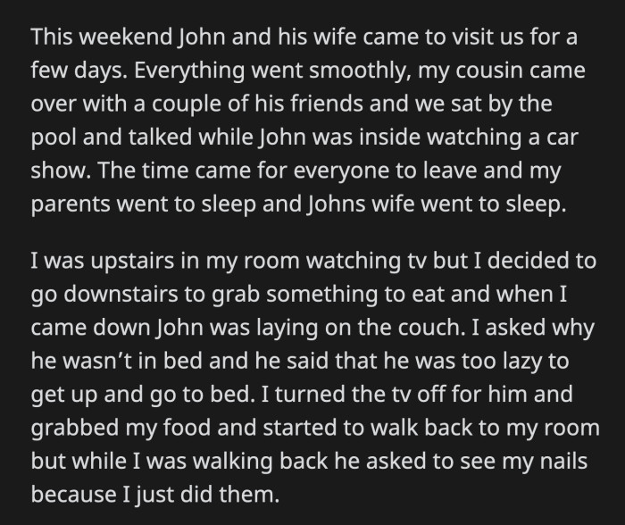 OP Turned Her Face Away as She Hugged John. He Kissed Her Neck, Turned Her Head, and Kissed Her on the Lips. OP Tried to Pull Away, but John Was Forcefully Holding the Back of Her Head.