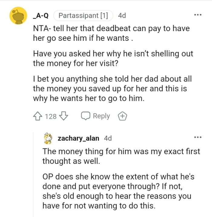 The deadbeat dad can pay to have her come for a visit