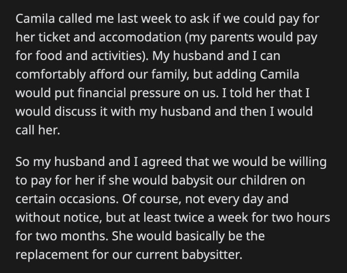 OP informed Camila of what she and her husband discussed. Camila replied, 