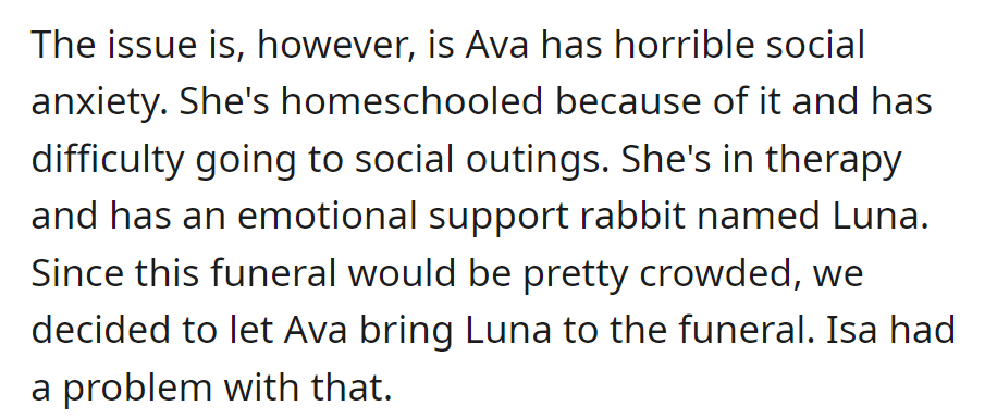 Ava, homeschooled due to severe social anxiety, brings her emotional support rabbit, Luna, to a crowded funeral, causing tension with her sister Isa.