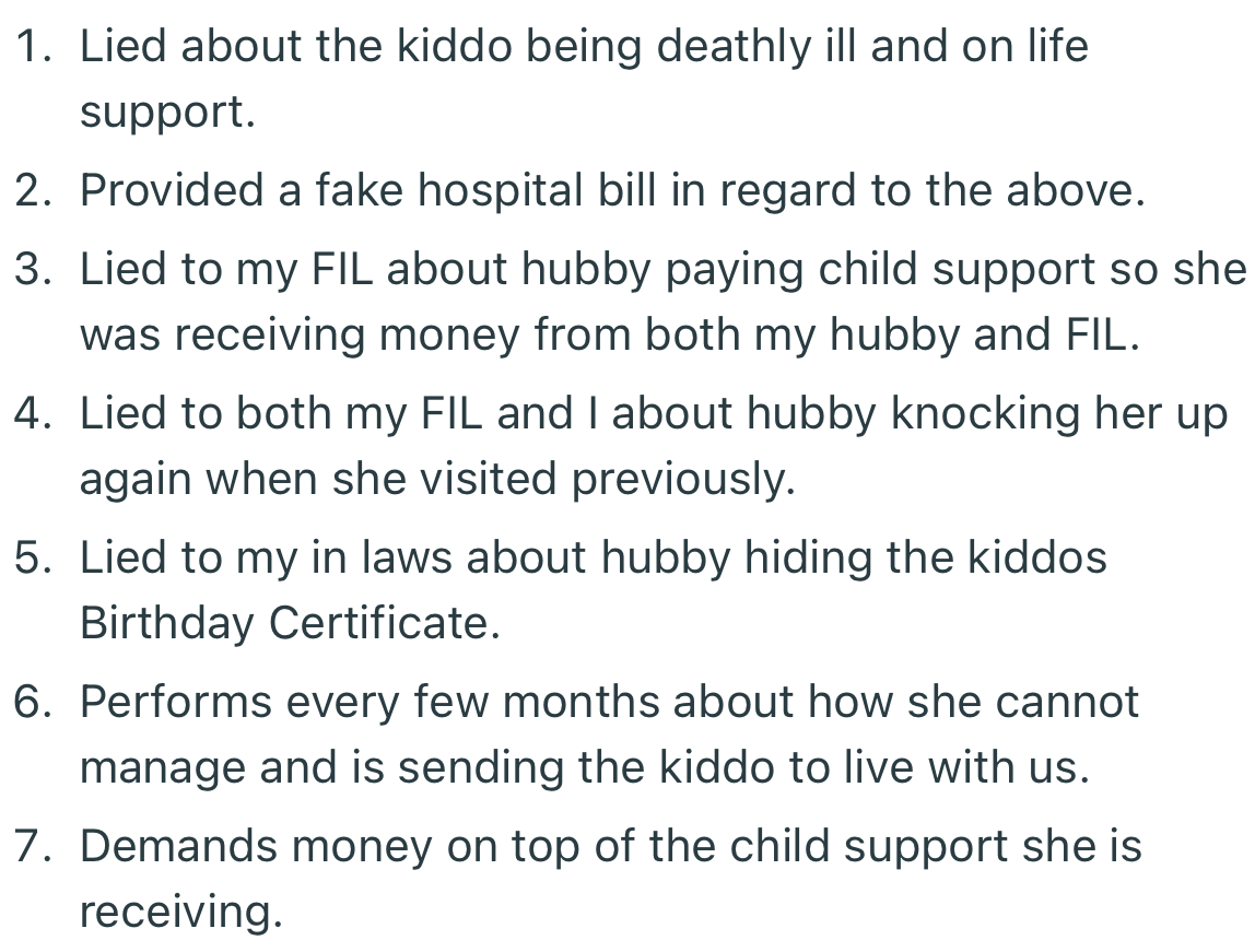 Some examples of the troubles that OP’s husband’s baby mama has been causing