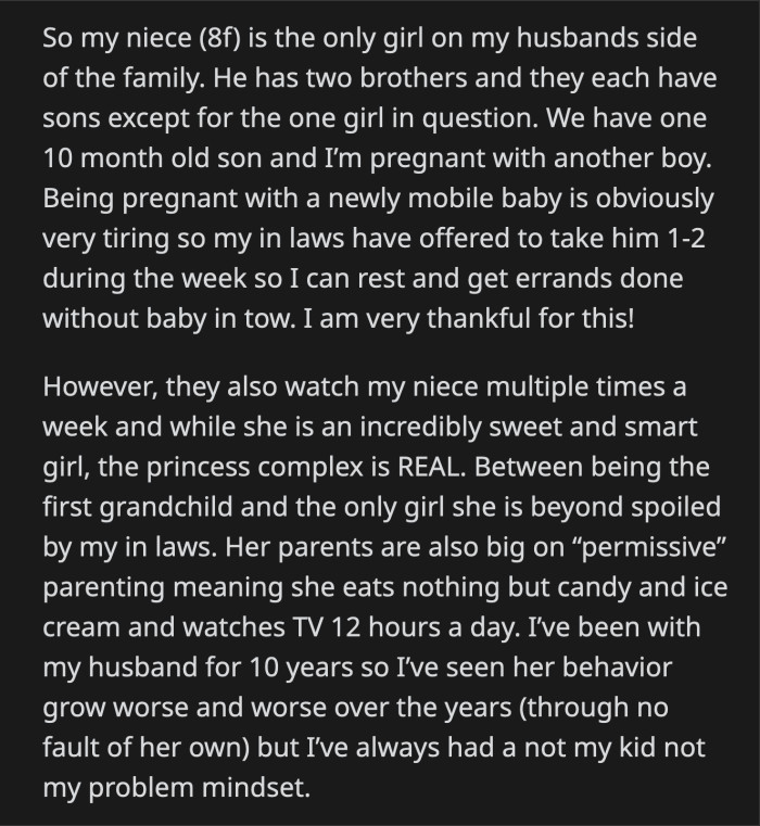 OP could let those issues go but had to put her foot down when she saw her niece dragging her 10-month-old son by the arm while their grandparents watched as if there was nothing wrong