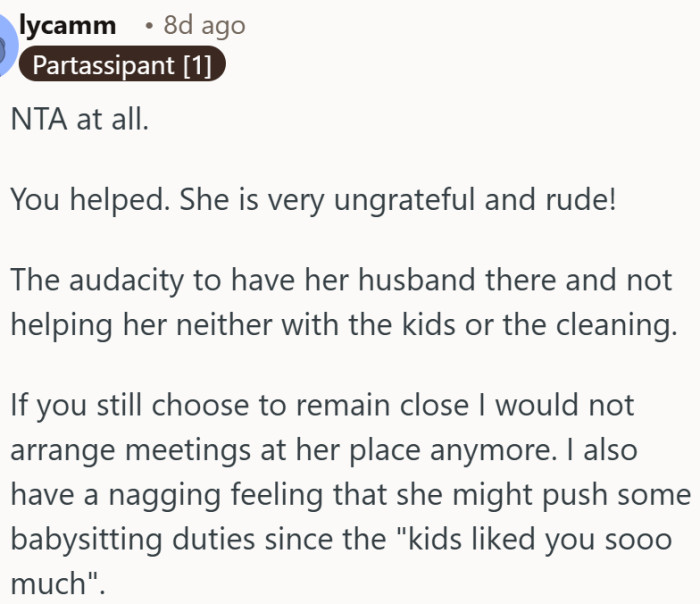 OP went out of her way to help a friend—her husband just sat and watched
