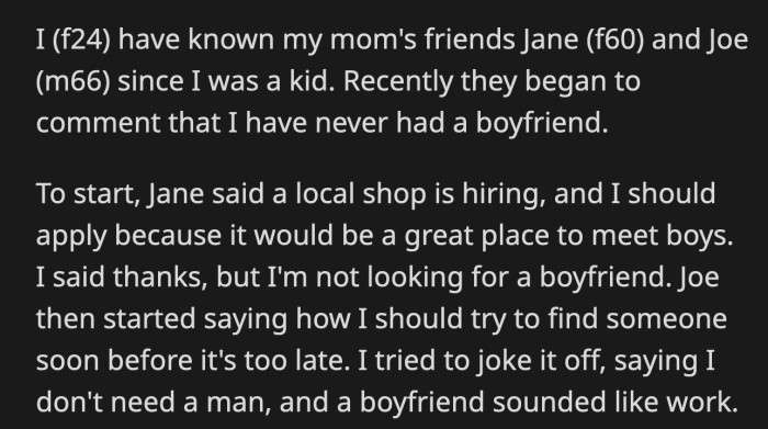 OP's parents asked her to ignore their prodding even after OP once again asked for their help to make Jane & Joe stop