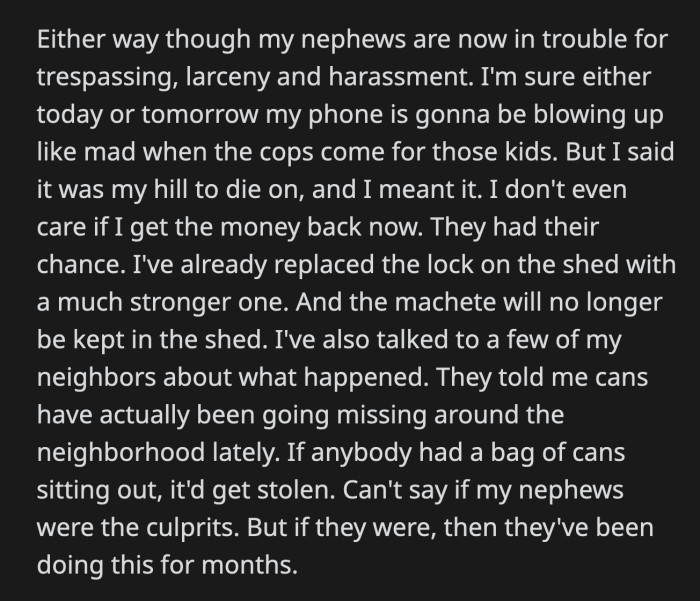 His neighbors told OP that they noticed their cans were also missing, but there is no definitive proof that his nephews were behind that as well