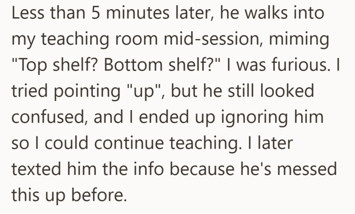 In the middle of teaching, she has to ignore her husband entirely just to stay professional.