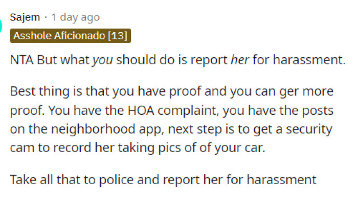 The encouragement to report her is strong, and we hope that OP stands her ground because she is being technically harassed and not for a good reason either.