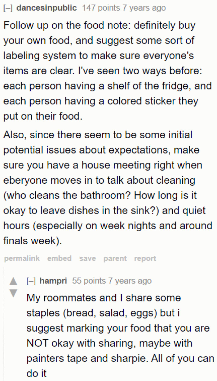 They should all buy their own food and label all the items so that it's clear who owns them.