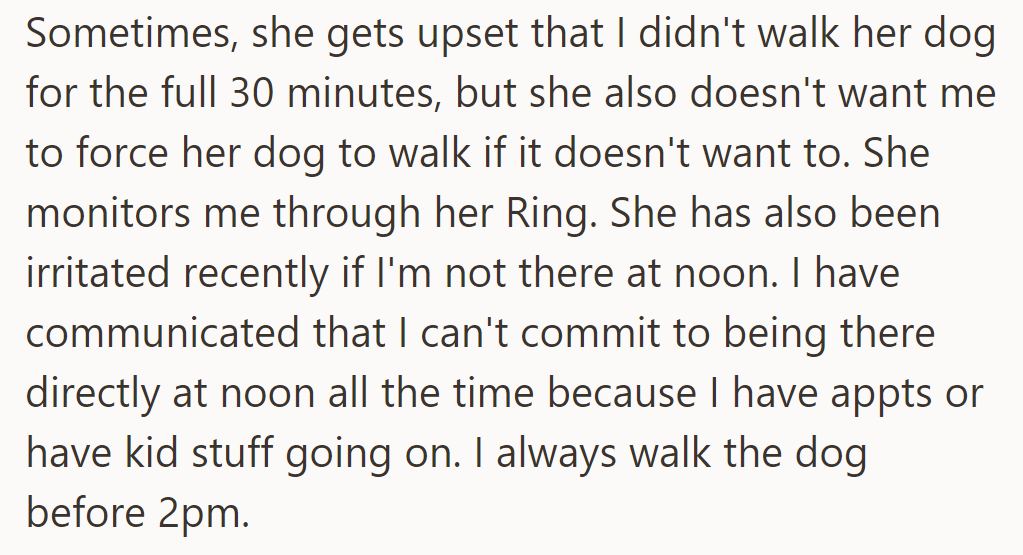 Beth monitors her dog's walks and gets upset if they’re not 30 minutes long or if they're not at noon.