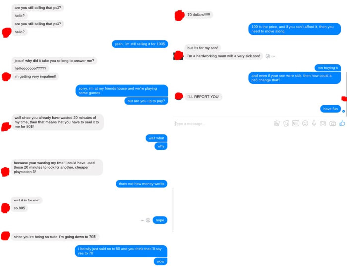 This is OP's full post where he shares the screenshots of the situation and notes that the person kept trying to bargain.