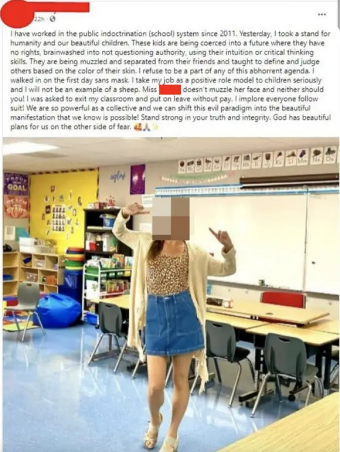 14. Teacher is on the wrong track, thinking she's a positive role model by not wearing a mask.