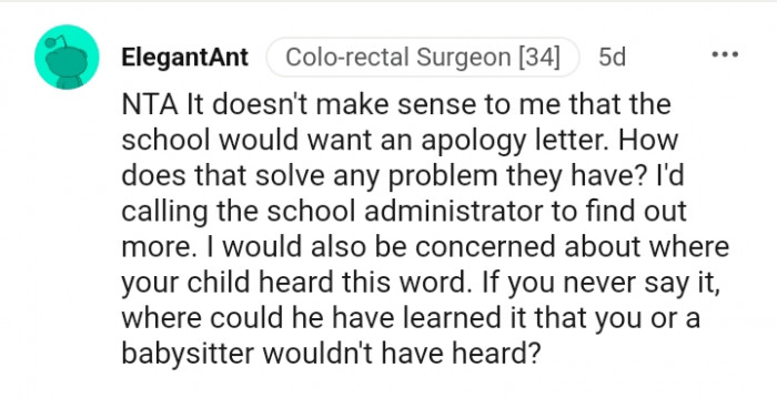 This Redditor would be concerned about where the child learned such words