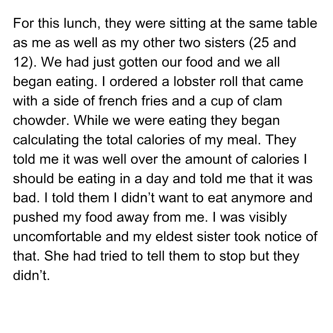OP's high-calorie lobster roll was publicly shamed by others at the table; this caused discomfort and prompted OP to stop eating the food.