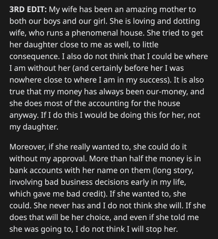 OP defended his wife and clarified that he will not stop her if she uses their joint money to fund her daughter's wedding