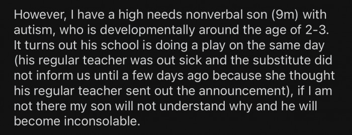 Op's 9-year-old son has autism and is worried about the way he might react to her not being there.