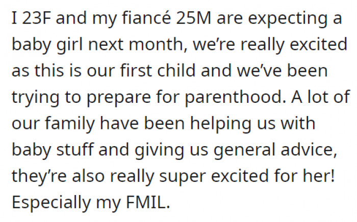 She and her partner are expecting a baby girl—their first child together. Everyone's been excited, including (and most especially) her fiancé's mother.