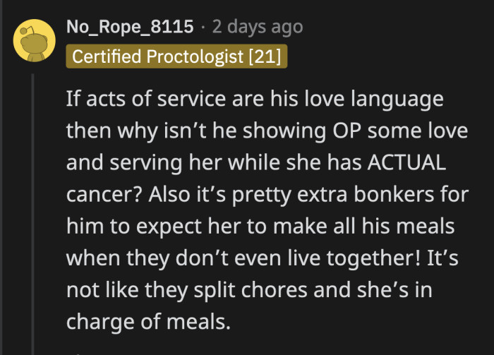 But ACTS OF SERVICE! He threw that out there like it's supposed to make OP quake at the knees and obey him.