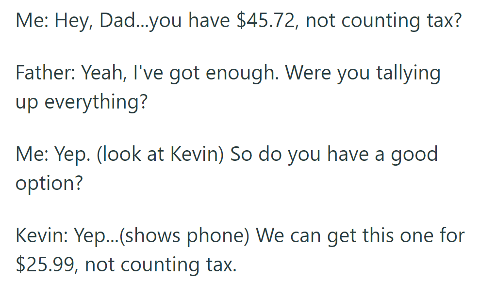 They confirm they have enough money, and Kevin finds a suitable scratching post for $25.99.