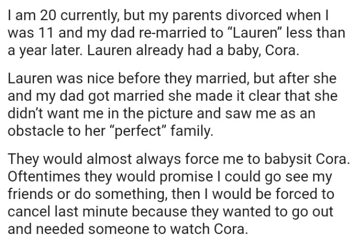 Stepmom Made It Clear That She Didn’t Want the OP in the Picture and Saw Her as an Obstacle