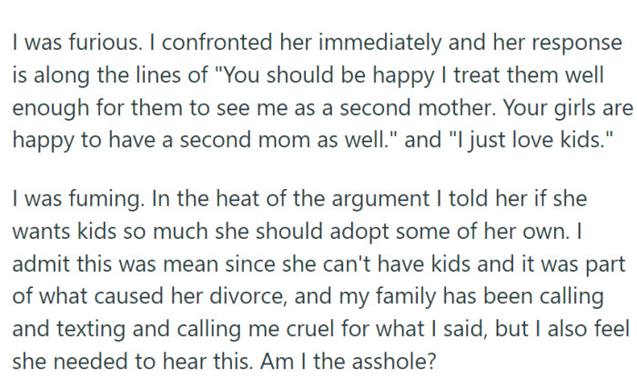 OP was furious and confronted her sister, who dismissed her worries.