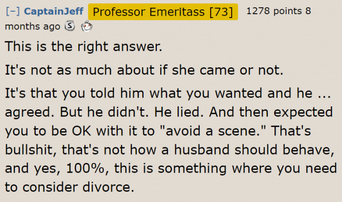 Redditors believe that it's time to think about divorce after what happened.