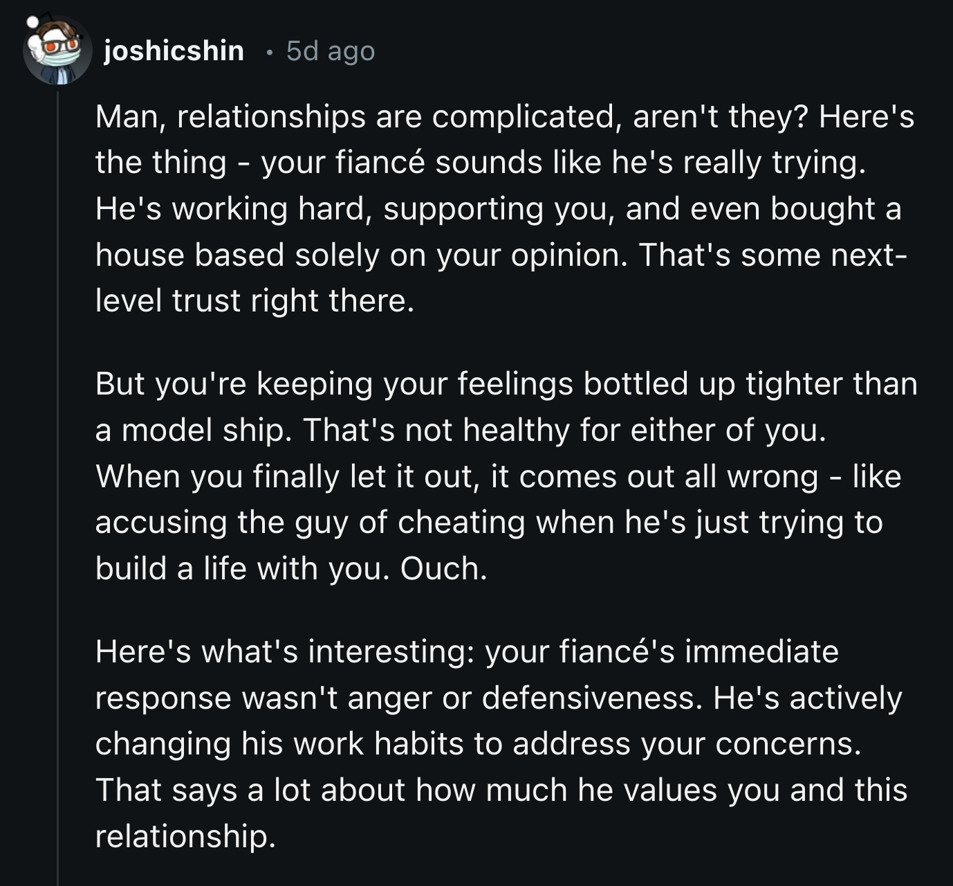 It was impressive how her fiancé responded to OP's concerns.