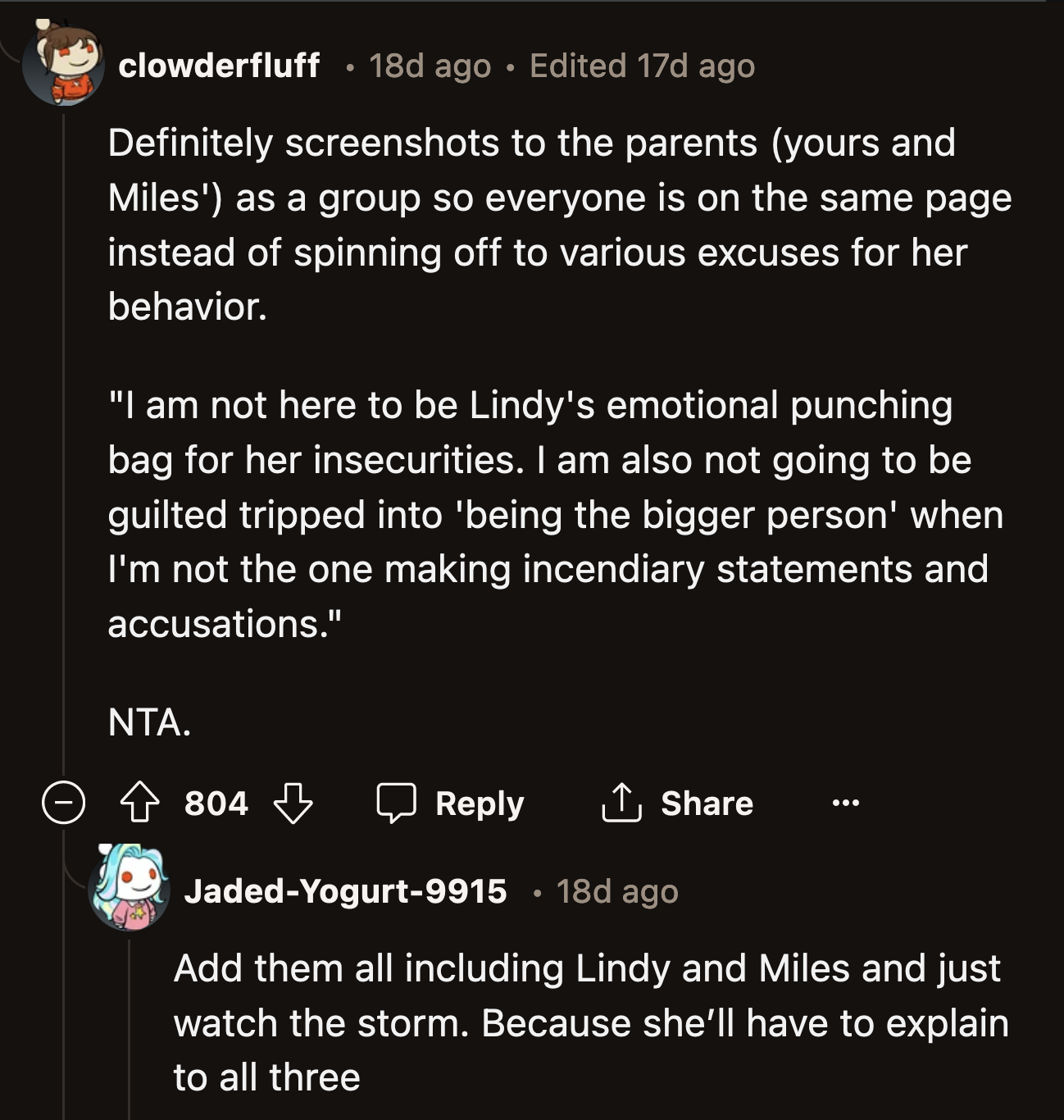 OP can wash her hands of the Lindy drama if she sends screenshots of her messages to both sets of parents. Let Lindy clean up after herself.