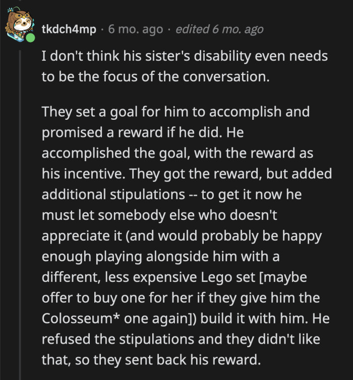 The issue isn't with the sister's disability; it's with OP's brother and sister-in-law for going back on their promise to their son.