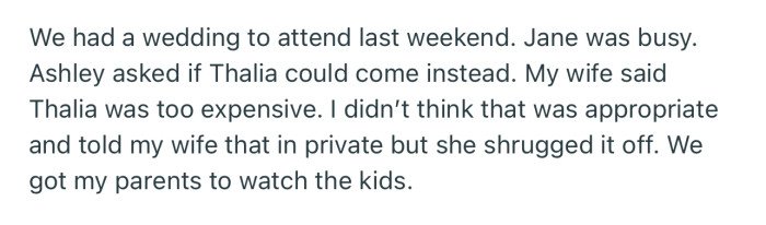 OP’s wife made a comment to their daughter about Thalia being too expensive. While OP wasn’t happy about this, his wife didn’t see it as a big deal