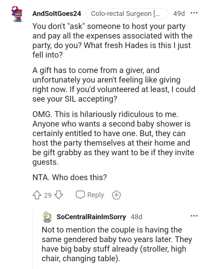 This redditor says that anyone who wants a baby shower is entitled to have one