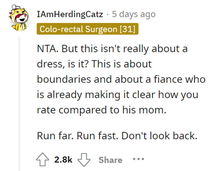 It’s not just about the dress. His mom’s word is his priority, not OP’s!